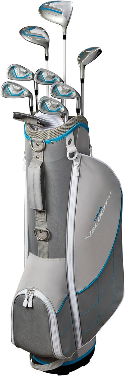 Полный набор для гольфа Wilson Tour Velocity с сумкой-стойкой — Женский правая рука, женский гибкий, серый/синий 