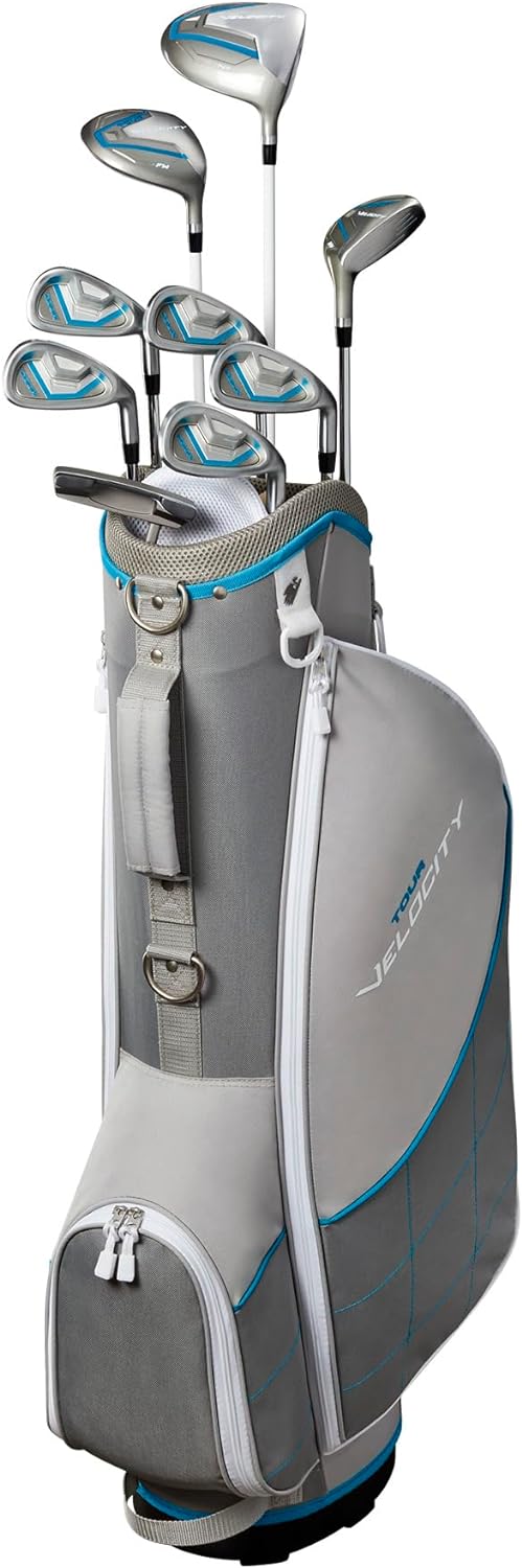 Полный набор для гольфа Wilson Tour Velocity с сумкой-стойкой — Женский правая рука, женский гибкий, серый/синий 