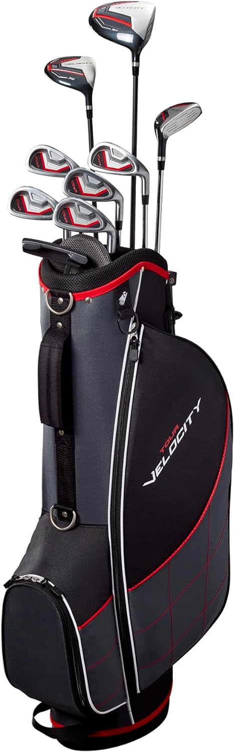 Полный набор для гольфа Wilson Tour Velocity с сумкой-стойкой — мужская правая рука, Regular Flex, черный/красный 