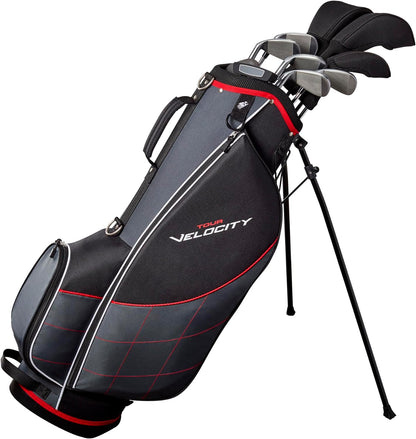 Полный набор для гольфа Wilson Tour Velocity с сумкой-стойкой — мужская правая рука, Regular Flex, черный/красный 